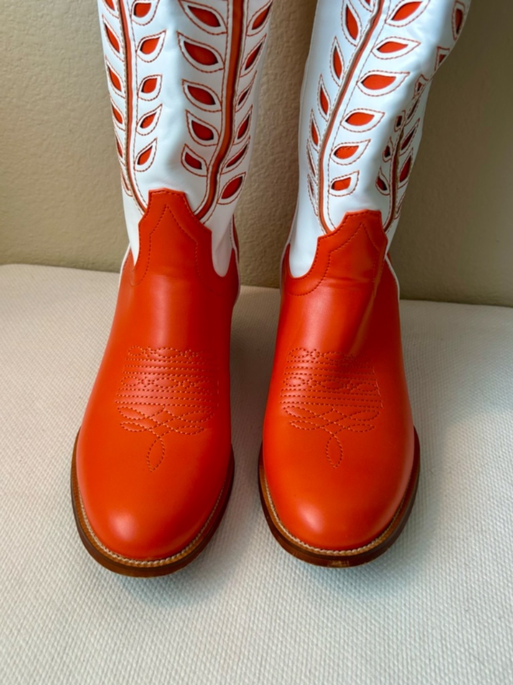 Cowboy Boot Tall Orange White Leaves Inlay Stitching Wide Calf Heel 1.5" Size 8 - Picture 3 of 13